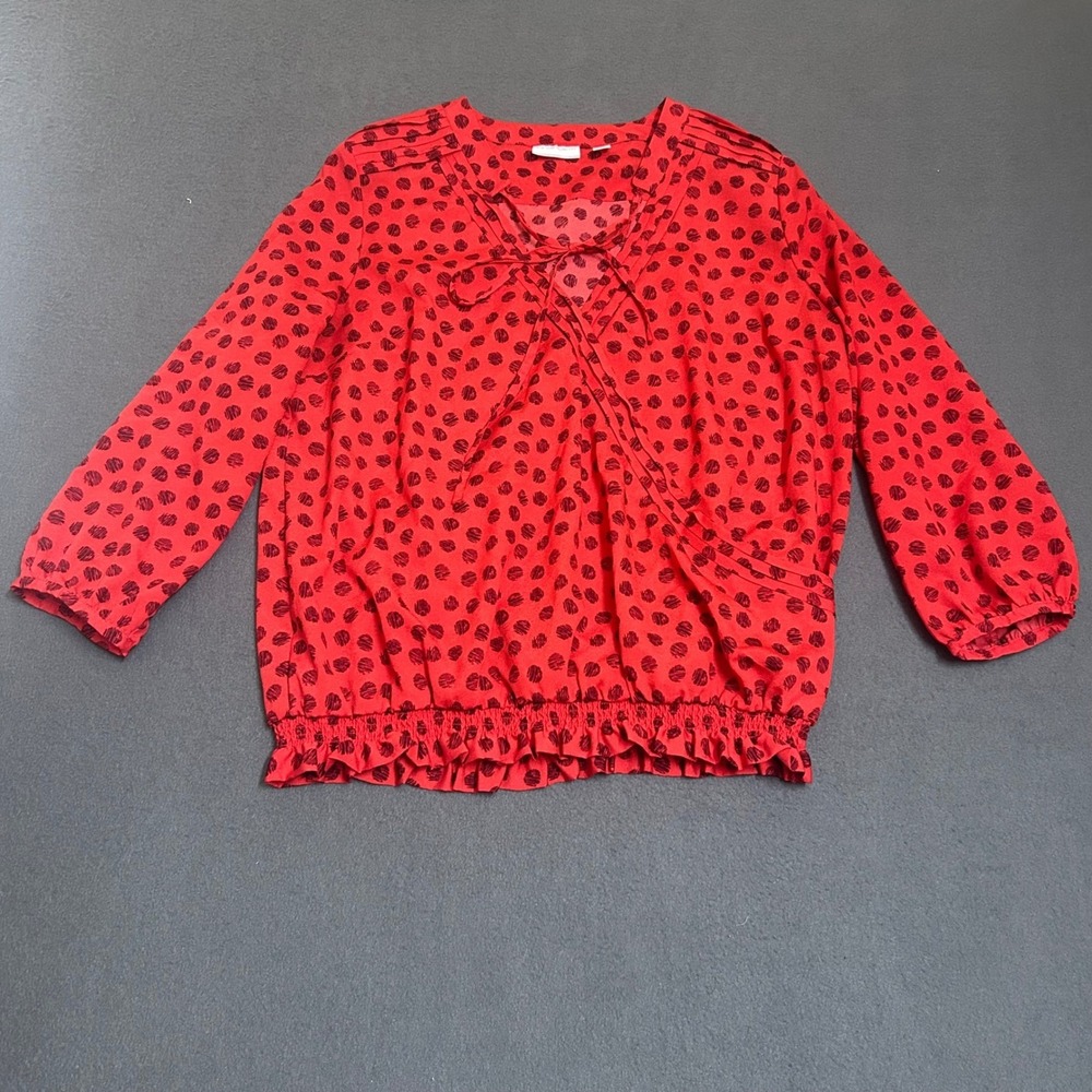 New York & Company Blouse Womens M Red Polka Dot Tie Neck Smocked Peplum Top
